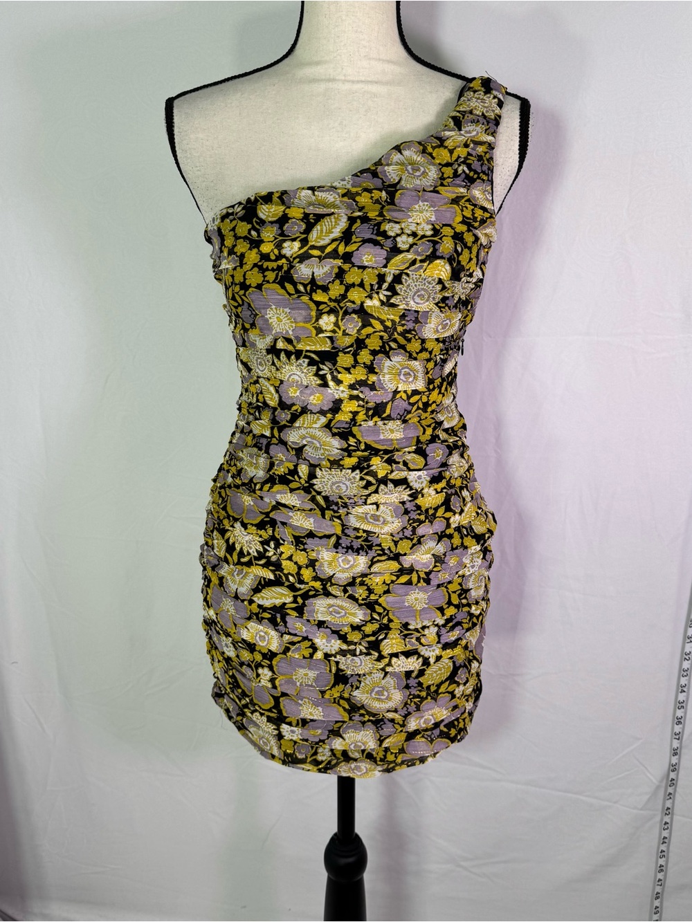Zara NWT XS One Shoulder Floral Ruched Bodycon Mini Dress Y2K Chic